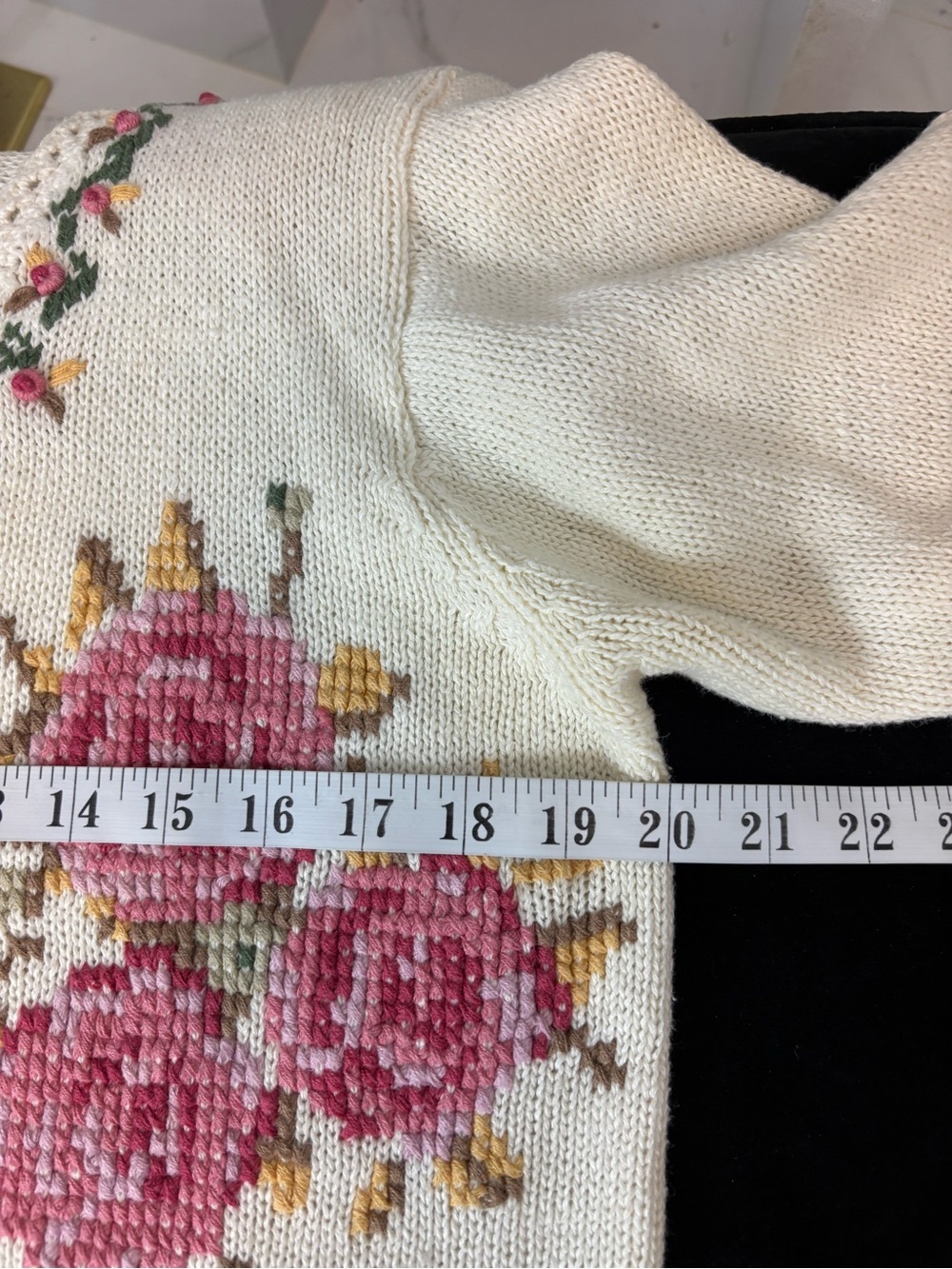 Cream Floral V-Neck Sweater with Pink Rose Embroidery - Picture 11 of 13